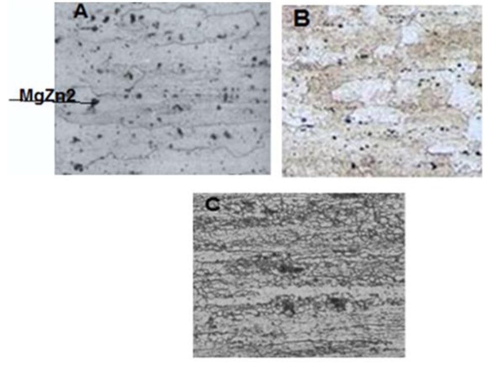 Microstructure test for specimens A, B, and C at 100x