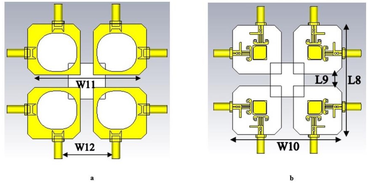 The MIMO antenna design; a) frontal view, and b) back view