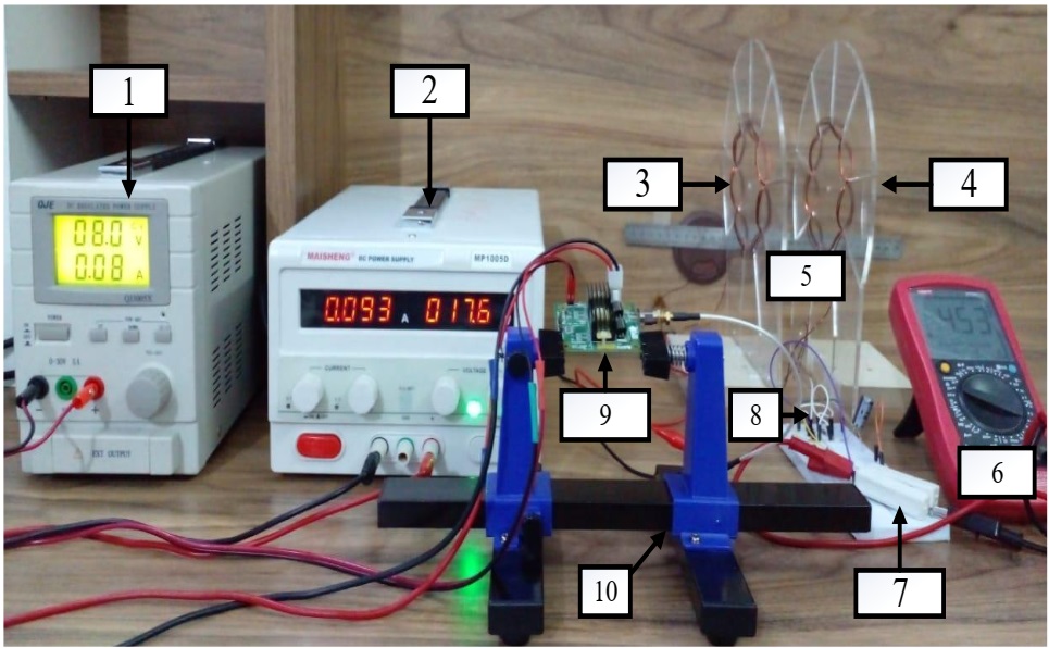 Experiment Configuration of S-WC–MRC–WPT; (1– supply voltage of control and gates of the transistor’s drive, 2– voltage supply, 3– transmitter coil, 4–receiver coil, 5– transmission distance, 6– digital multimeter, 7– load, 8– bridge rectifier, 9–high power ZVS class D power amplifier EPC9065, 10–holder