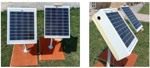 A) Front, and B) Side view of a solar panel with the air-cooling system (Cell-1) and the solar panel reference (Cell-2) 