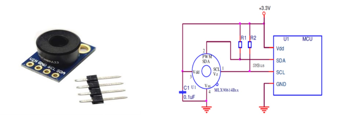 The temperature sensor (a) MLX90614 BCC and (b) connection to the microcontroller