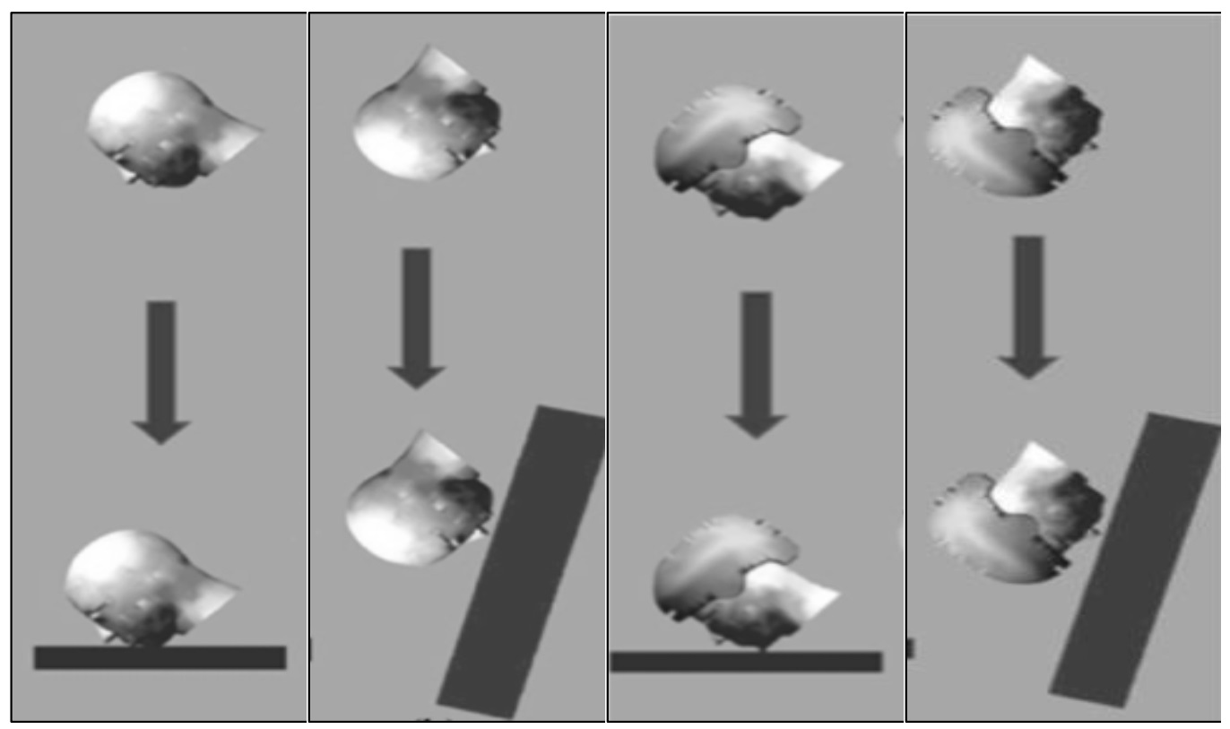 Example simulation, showing contact between the chin and anvil, with headform unhelmeted (left) and helmeted (right), during perpendicular (a, c) and oblique (b, d) impacts