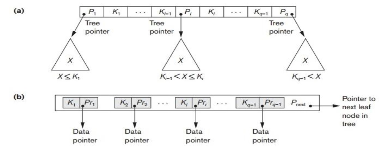 B-Tree constraints (a. represents internal node while b. represents leaf node with search values and data pointer)